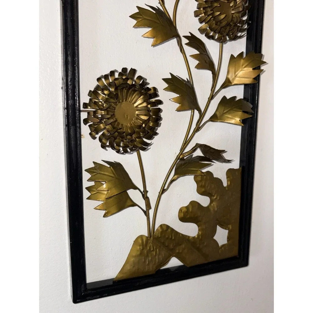VTG Brass Metal MCM 3D Floral Wall Plaques Set Of 2 Wood Frame Hanging 20